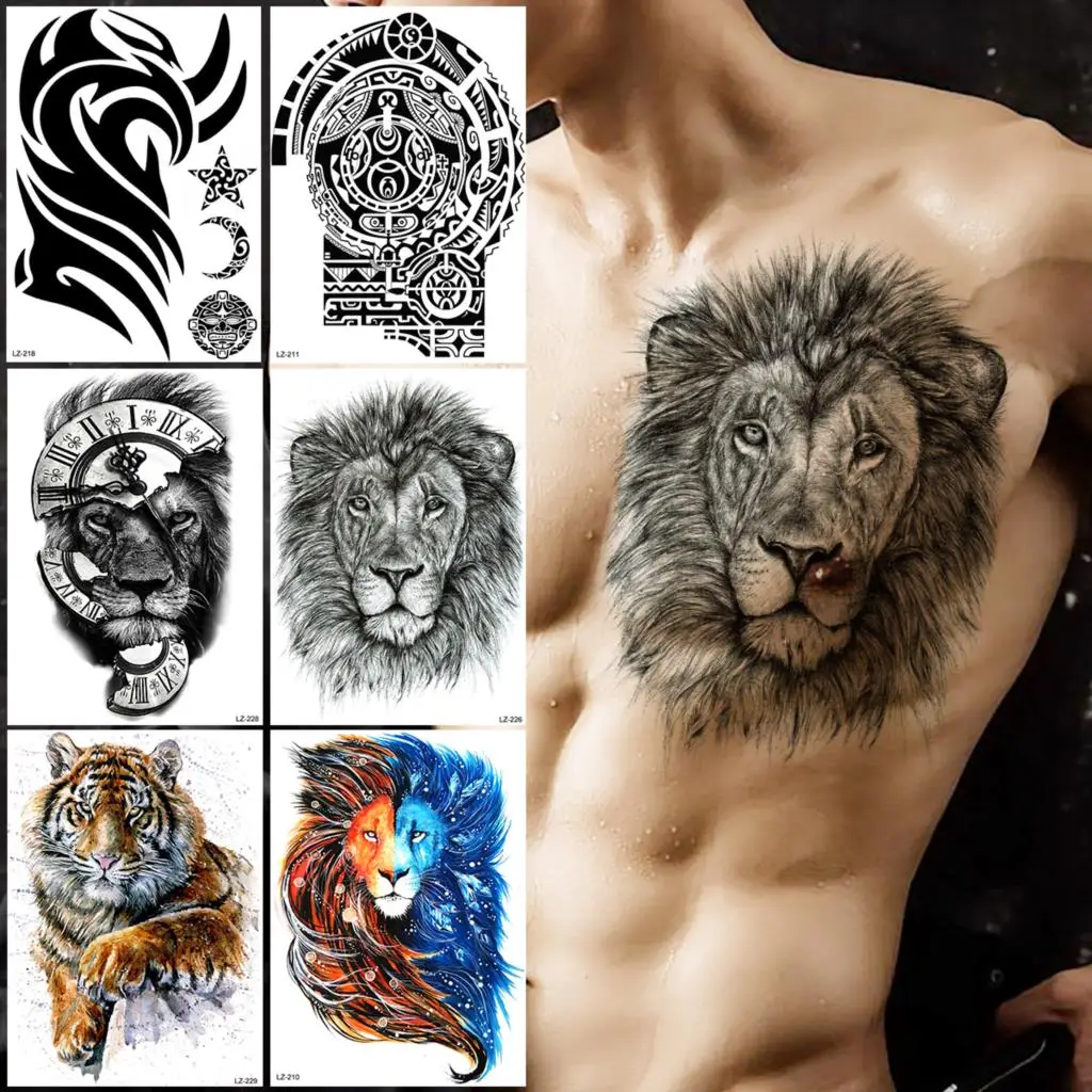 

Large Lion Temporary Tattoos For Men Adults Realistic Totem Watercolor Tiger Fake Tattoo Sticker Chest Body Tatoos Waterproof
