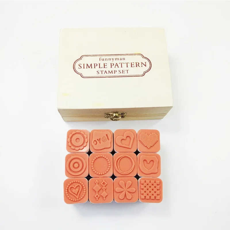 

4 set/pack Diary Decorative Simple Pattern Stamp Wood Stamp Set With Wooden Box Clear Stamps For Scrapbooking Wholesale
