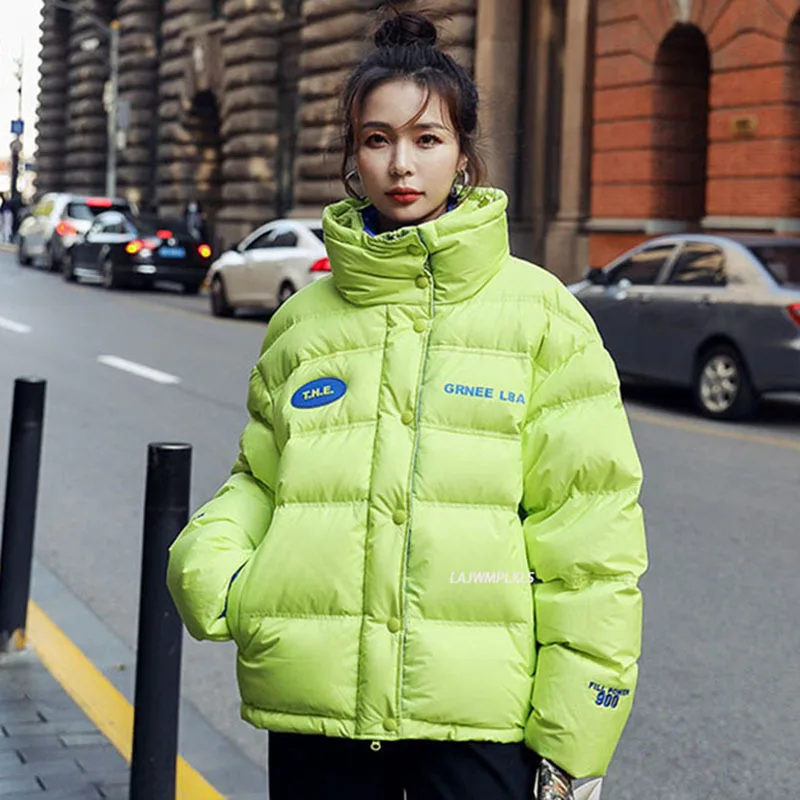 

Fluorescent green Women letter pattern Thick Bubble Coat 2021 Winter women Japanese Streetwaer Parkas Korean Puffer Jackets Coat