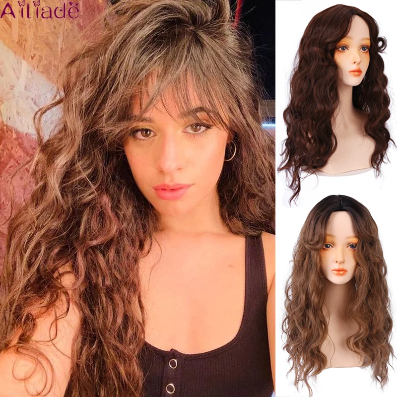AILIADE длинные натуральные волнистые парики для женщин коричневые с челкой