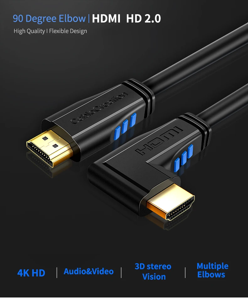 Кабель HDMI под прямым углом 270 градусов вертикальный правый кабель 4K HDMI 2,0, поддержка 4K Ultra HD 3D видео Ethernet Аудио Канал возврата