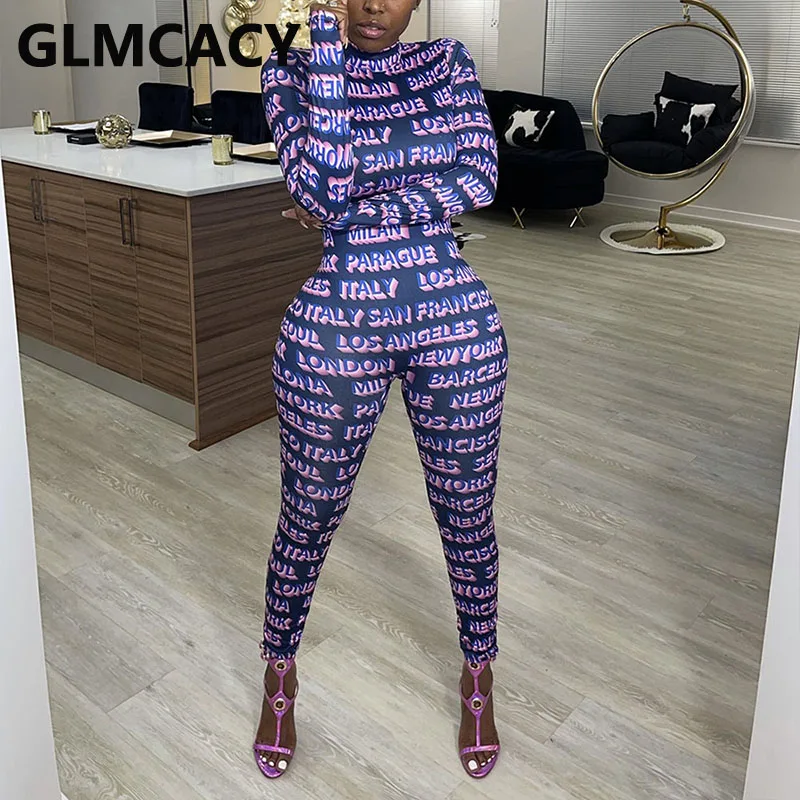 

Women Long Sleeve Letter Printed Jumpsuit Slinky Sexy Paarty Club Overalls Jumpsuits