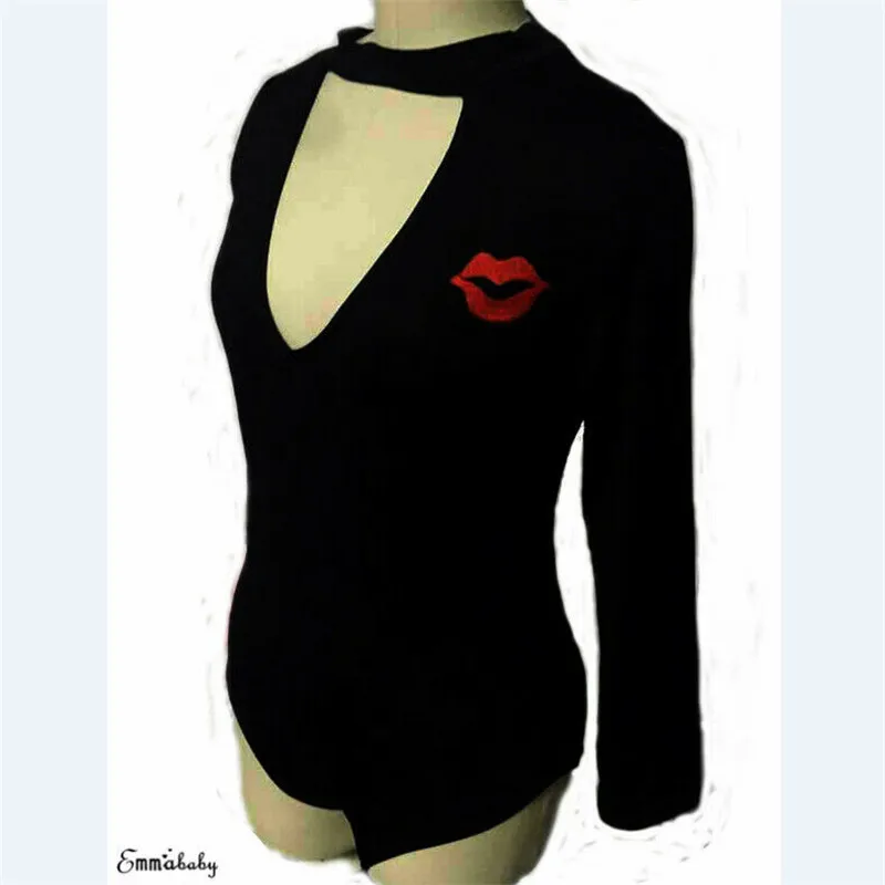 

Sexy Women Red lips Print Long Sleeved Bodysuits Skinny Bodysuits Autumn Winter v neck One Piece Body Bodysuits Shirts Tops