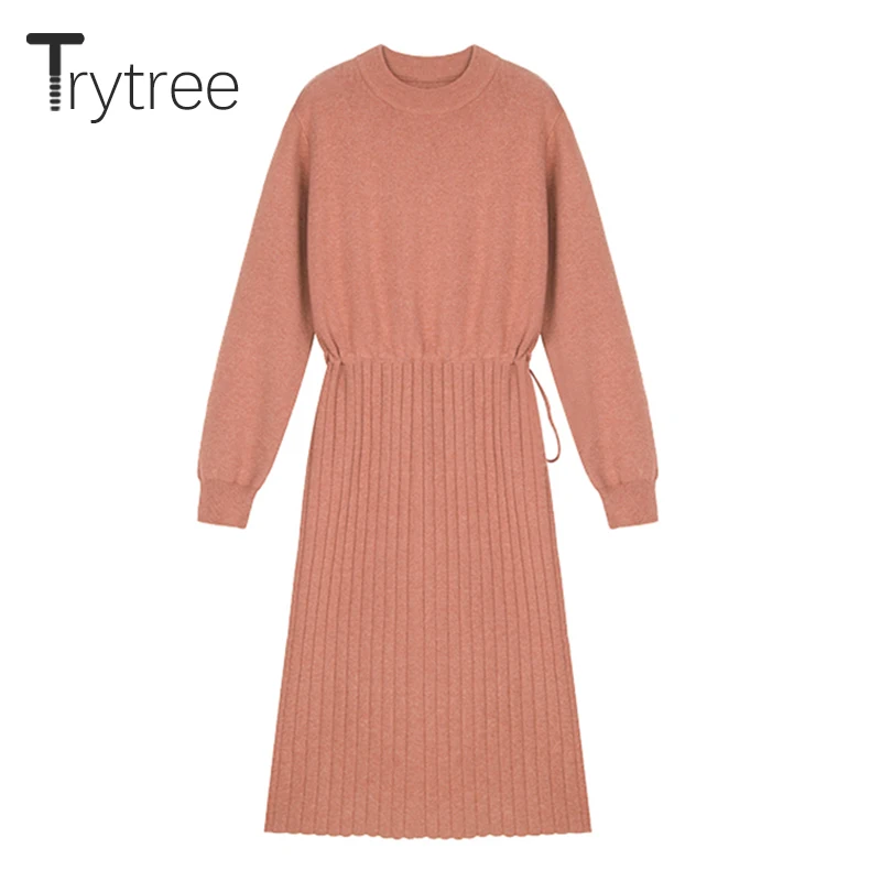 Trytree осенне зимнее женское Повседневное платье с круглым вырезом трикотажное