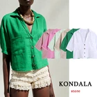 Женская рубашка с коротким рукавом KONDALA Za, однотонная зеленая Повседневная Блузка с V-образным вырезом и карманами, лето 2021