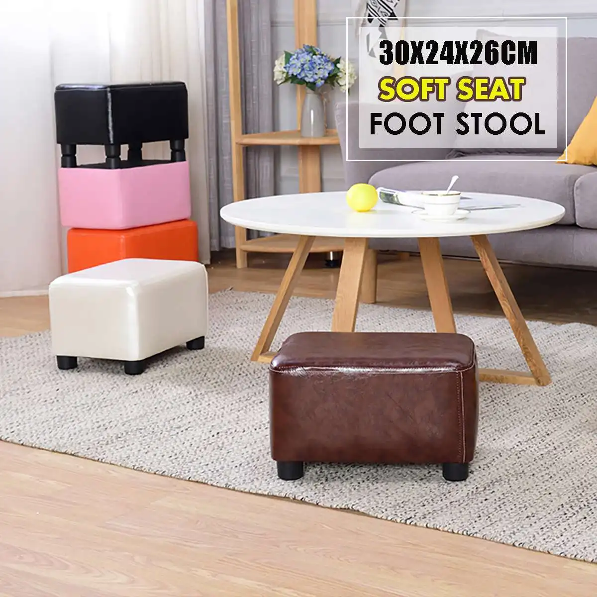 

Fashion Solid Wooden Foot Stool Ottomans Nordic Pouffe Stool Upholstered Leather Foot Rest Padded Seat Home Living Room Decor
