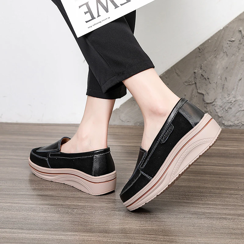 

Platform Sneakers Women Genuine Cow Leather Flats Slip On Loafers Swing Shoes Shallow Ladies Casual Footwear Height Increasing