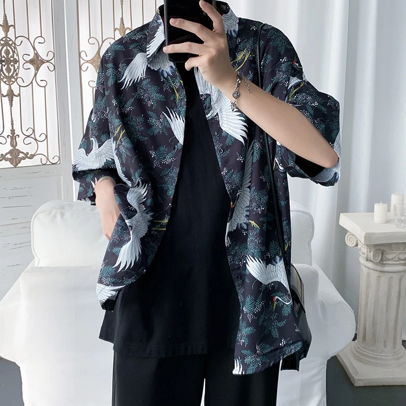 

Summer Large Size Casual Thin Ice Silk Crane Printing Men Half-Sleeve Shirt Short-Sleeve Shirt Outdoor Beach Short-Sleeve