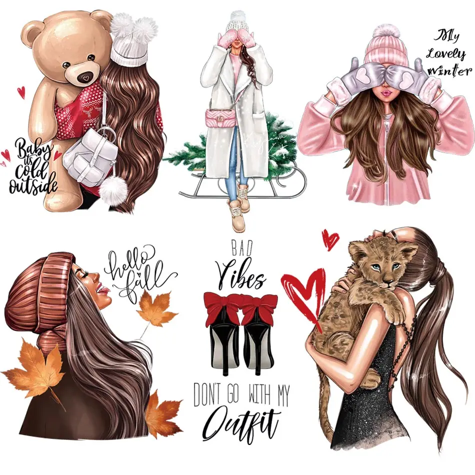 

Pretty Girl Iron On Transfer For Clothing DIY Washable Thermal Sticker On T-shirt Fashion Design On Clothes Patches Decoration