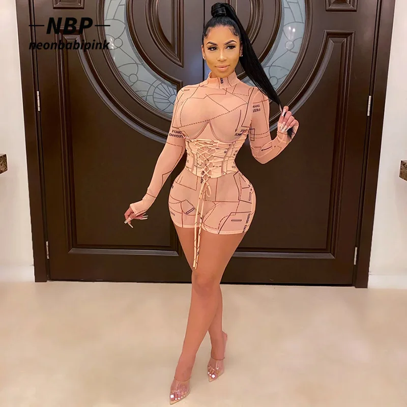 NEONBABIPINK сетчатая ткань с принтом Корсет шорты комбинезон Для женщин сексуальный