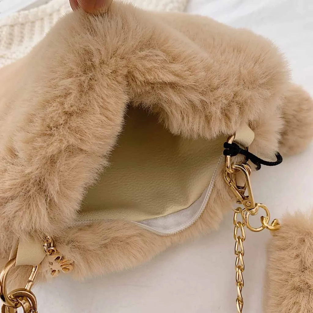 

2019 Vintage Women Shoulder Bags Heart Shape Fashion Ladies Faux Fur Plush Chain Cross-body Bag Female Hair Tote Bags #NG