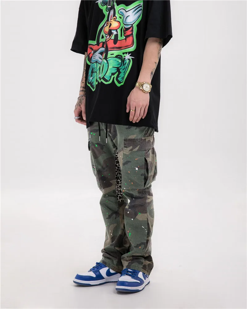 

Hip Hop Pants Men Pablo Cargo Camouflage Splash Paint Streetwear Pocket Patchwork Washed Flare Fashion Jogger Trousers Pants