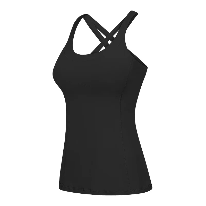 

2021 New U-shaped Neckline Yoga Vest Women's Cross-woven Widened Hem Fitness Top With Chest Pad