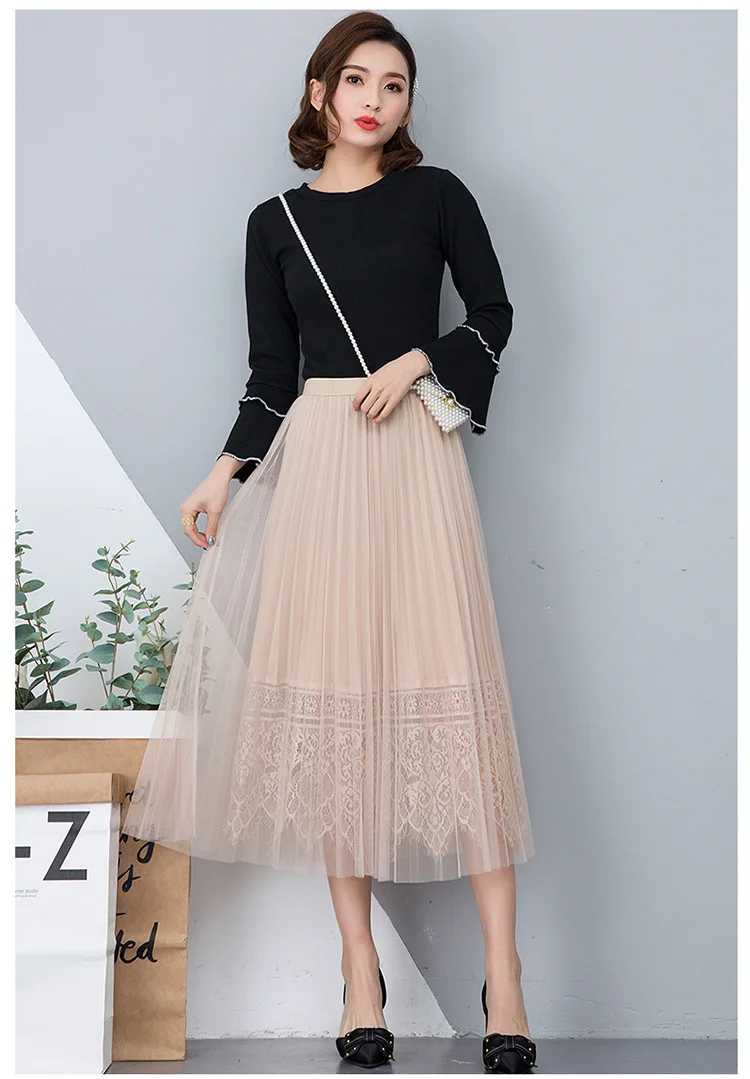 

women pleated skirt summer new mesh lace splice high waist loose casual korean elegant chic big swing long skirts R905