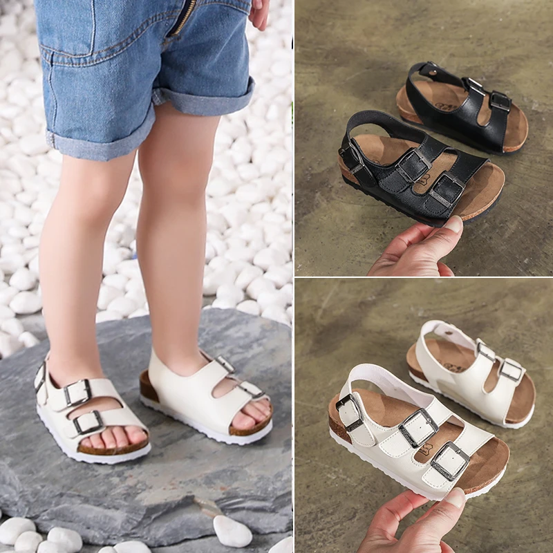 Sandalias de playa para ni&ntilde;os y ni&ntilde;as, zapatos deportivos de cuero suave, antideslizantes, de corcho, a la moda, para exteriores, novedad de verano 2019-5