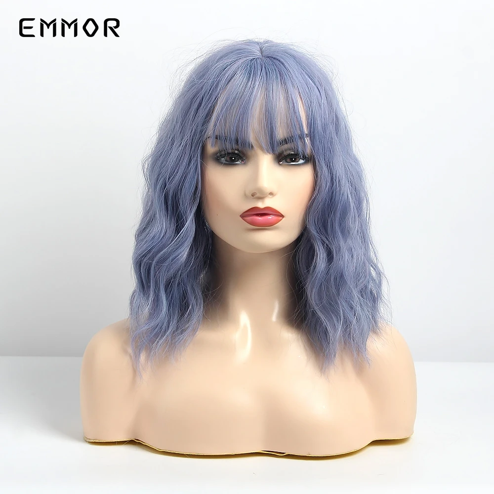 EMMOR 14 дюймов синтетические Короткие Omber синий волнистые волосы парик с аккуратные
