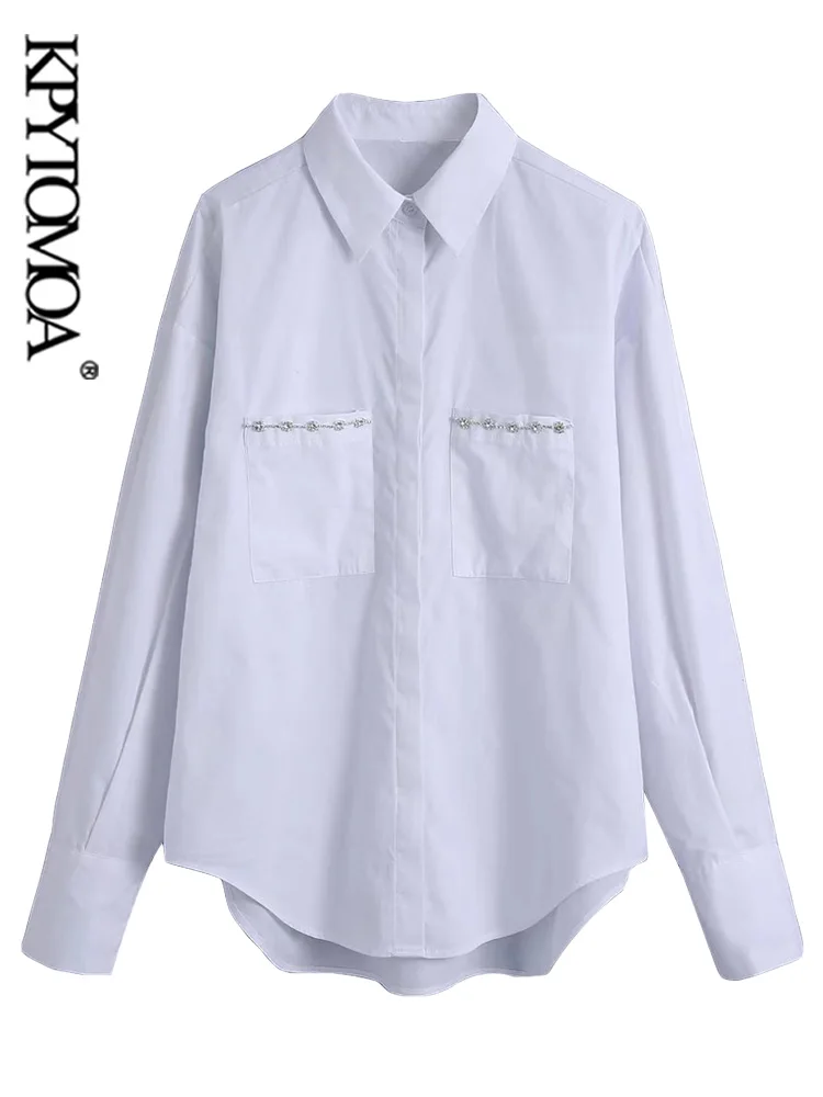 

KPYTOMOA Women Fashion Patch Pockets With Bejewelled Loose Poplin Shirts Vintage Long Sleeve Button-up Female Blouses Chic Tops