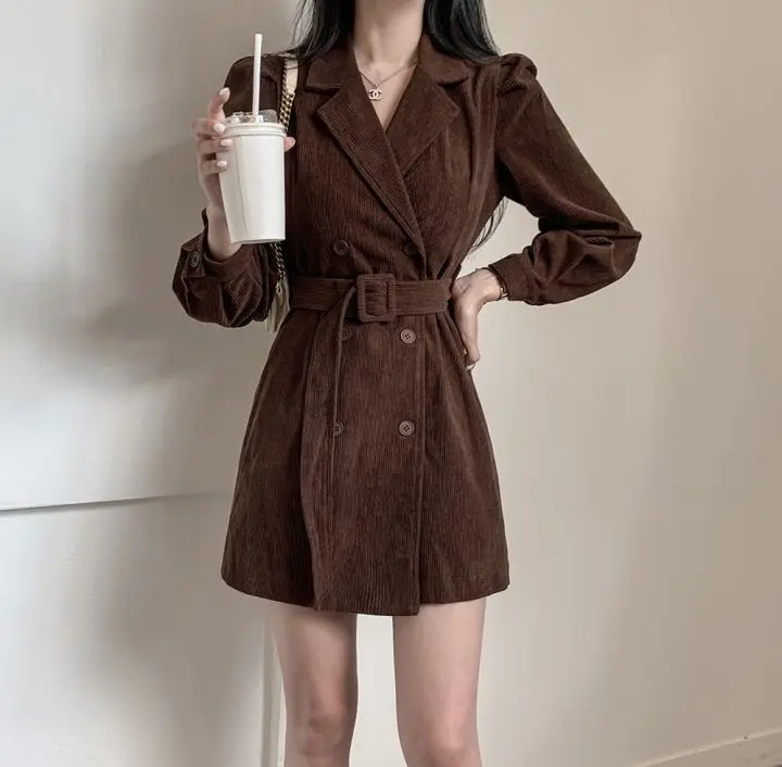 

COIGARSAM женское платье винтажное двубортное с высокой талией отложным воротником коричневые черные платья Traf Robe Vestidos