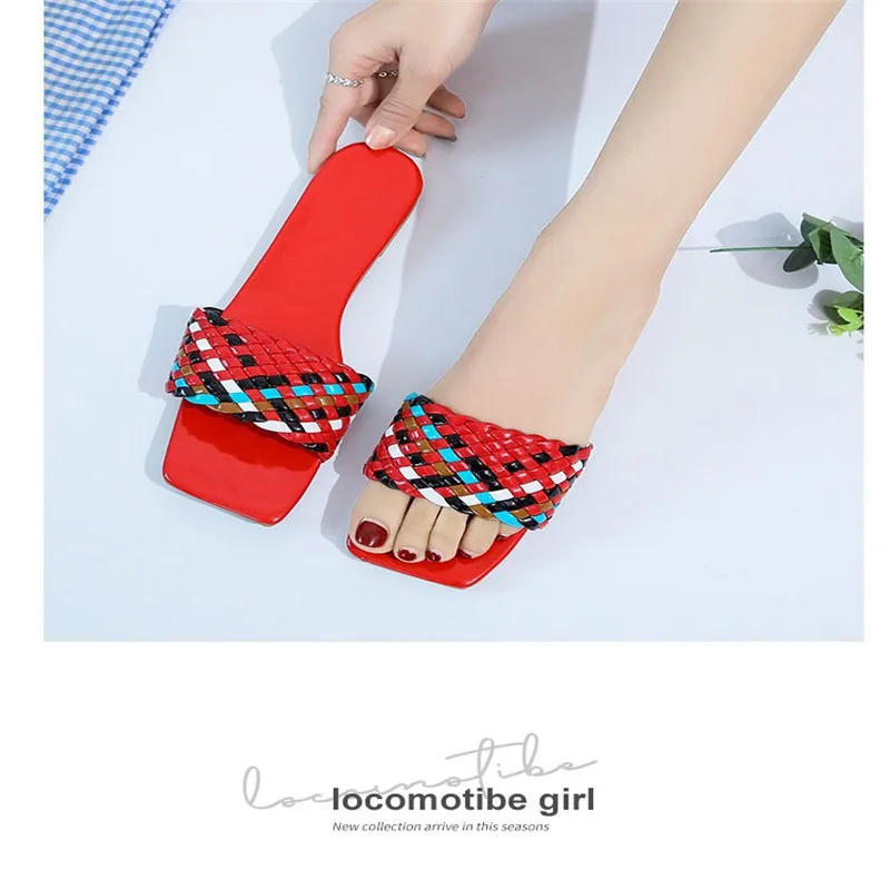 

2021 European and sk American Ladies Color Woven Open Toe Flat Sandals 1754