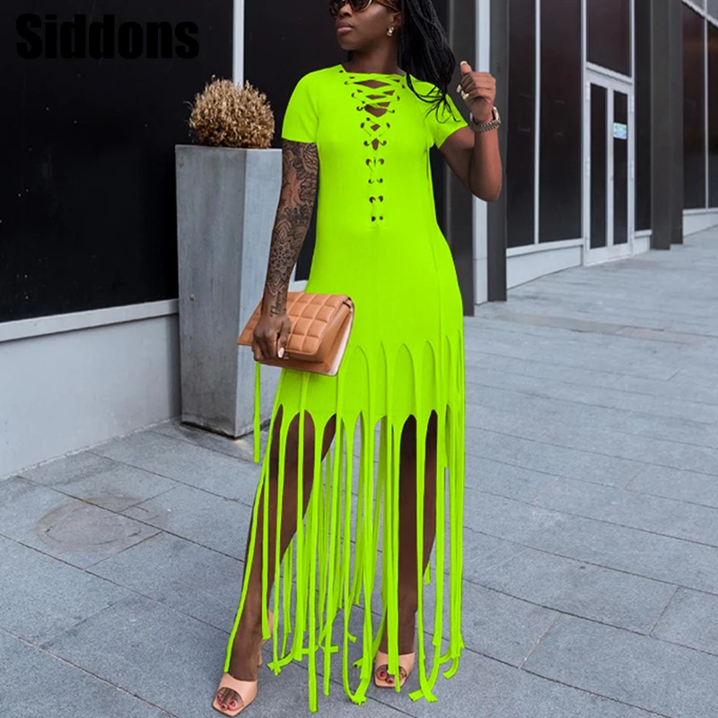 

Chic Summer Dresses Women Short Sleeve Lace Up Front Dress Tassel Design Dress