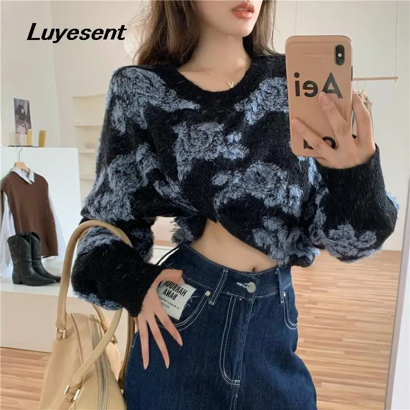 

Harajuku Lady O Neck Short Length Pull Sweater Autumn Women Floral Long Sleeve Street Sweaters Korean Fashion Crop Knitted Top
