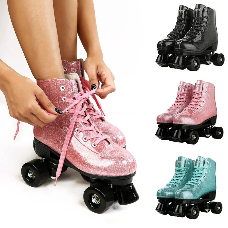 

2021 Women Men 9 Choices PU Leather Roller Skates Skating Shoes Sliding Quad Sneakers Outdoor Beginner 2 Row Adult Pink 4 Wheels