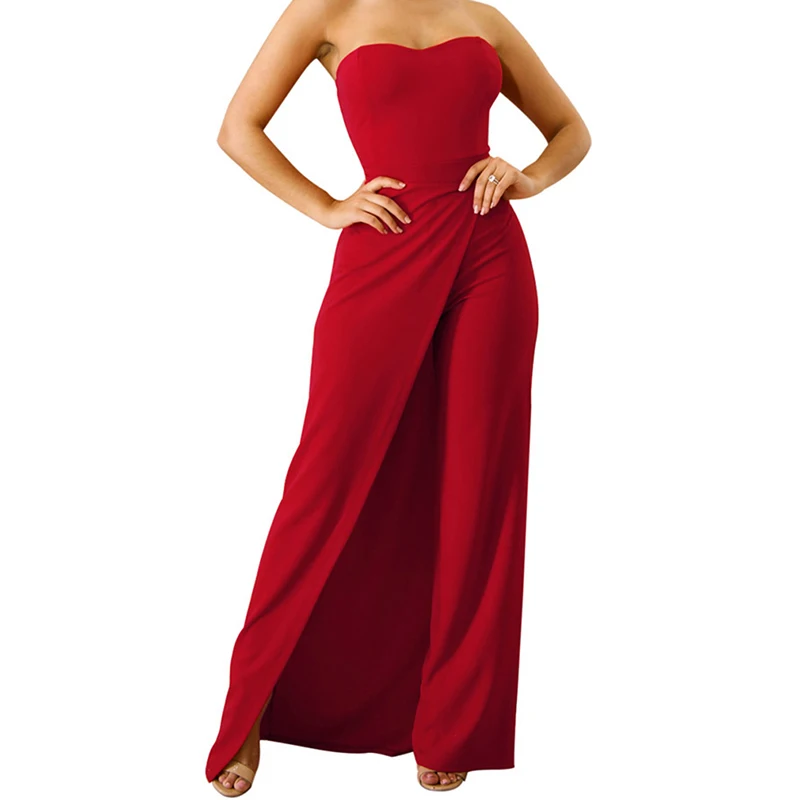 

Summer Women Elegant Solid Split Jumpsuit Sexy Women Sleeveless Jumpsuit Fashion Tube Top Split Asymmetric Wide leg Jumpsuit