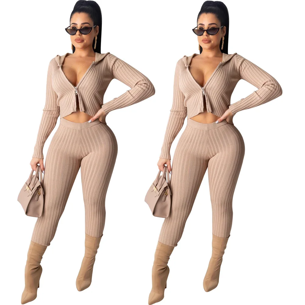 Модный вязаный ребристый комплект из двух предметов укороченный топ на молнии с