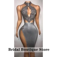 sexy silver gray short prom dresses aso ebi halter beaded cocktail dress high side slit evening formal party gowns