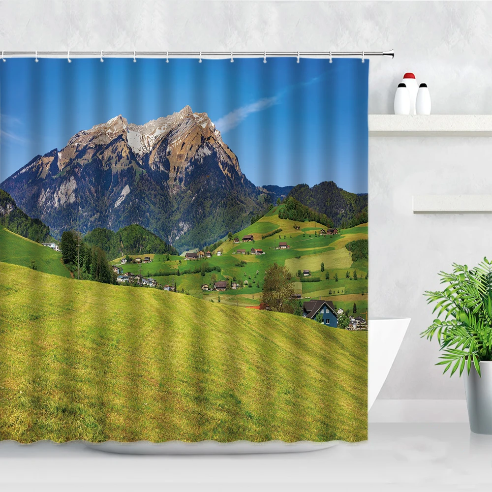 

Spring Landscape Bathroom Shower Curtains Grass Green Plants Trees Mountains Switzerland Scenery Hanging Curtain Hooks Screens