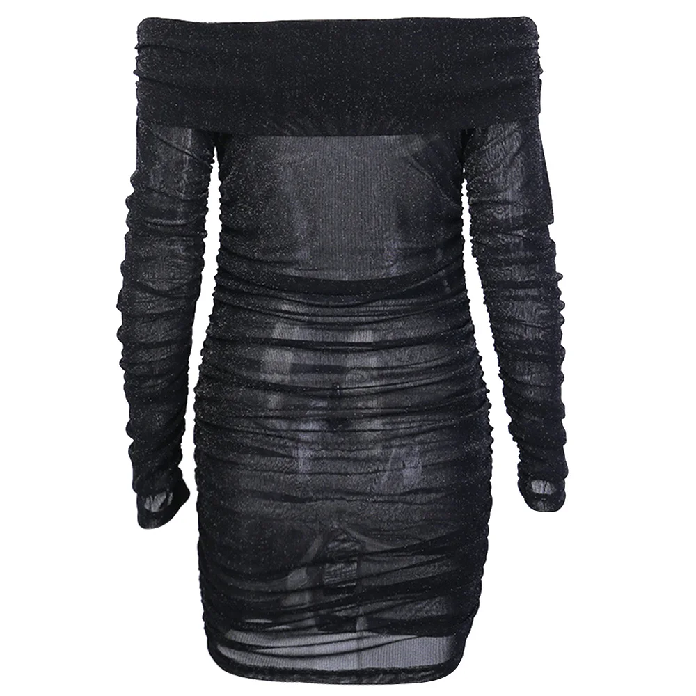 Evening Party Night Dress Girls Long Sleeve Slash Neck Sequin Sexy Women 2020 New Pleated Slim Fit Mini Wrap D30 | Женская одежда
