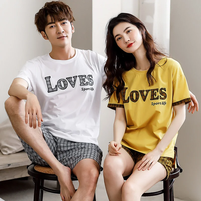 Парные пижамы хлопковые мужские летние с коротким рукавом женские тонкие парные