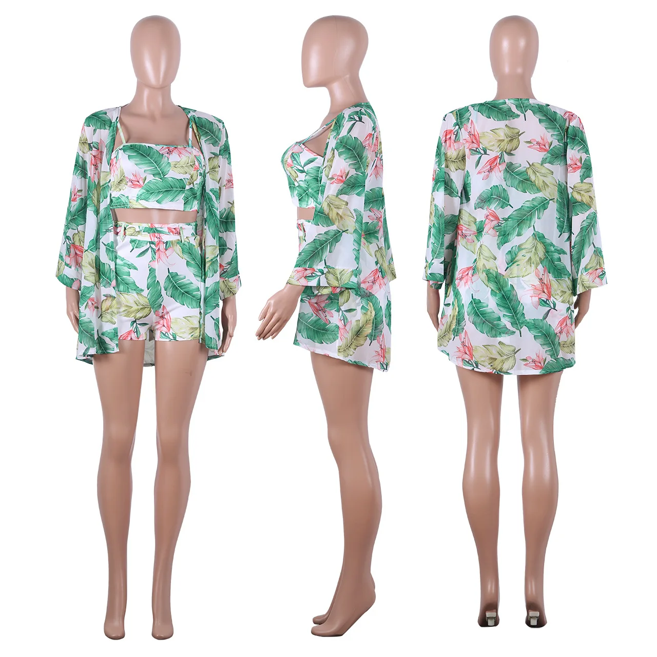

Woman Sexy Three-Piece Set Outfits Vest Print Shorts Chiffon New Summer Fashion Suit Streetwear Suit 2021