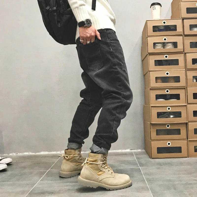 Europe Spring Summer Loose Black Jeans Men Solid Straight Ripped Long Denim Pants Casual Vintage Youth Chic Trousers 2021