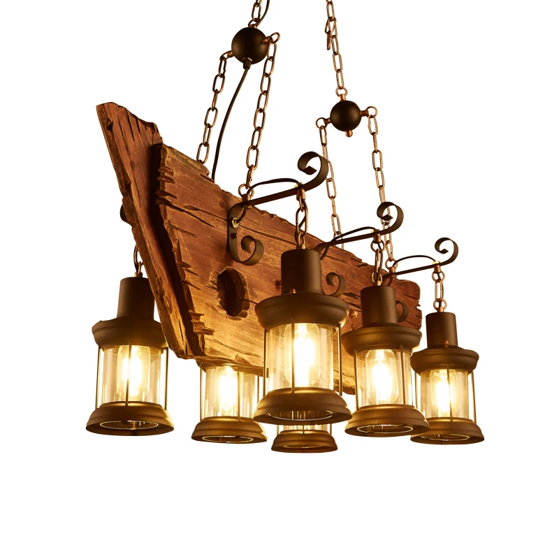 

Vintage Led Chandelier Lighting Lustre Suspension Coffee Bedroom Iron Wooden Ceiling Lamp For Home Loft Decor Solid Wood Lights