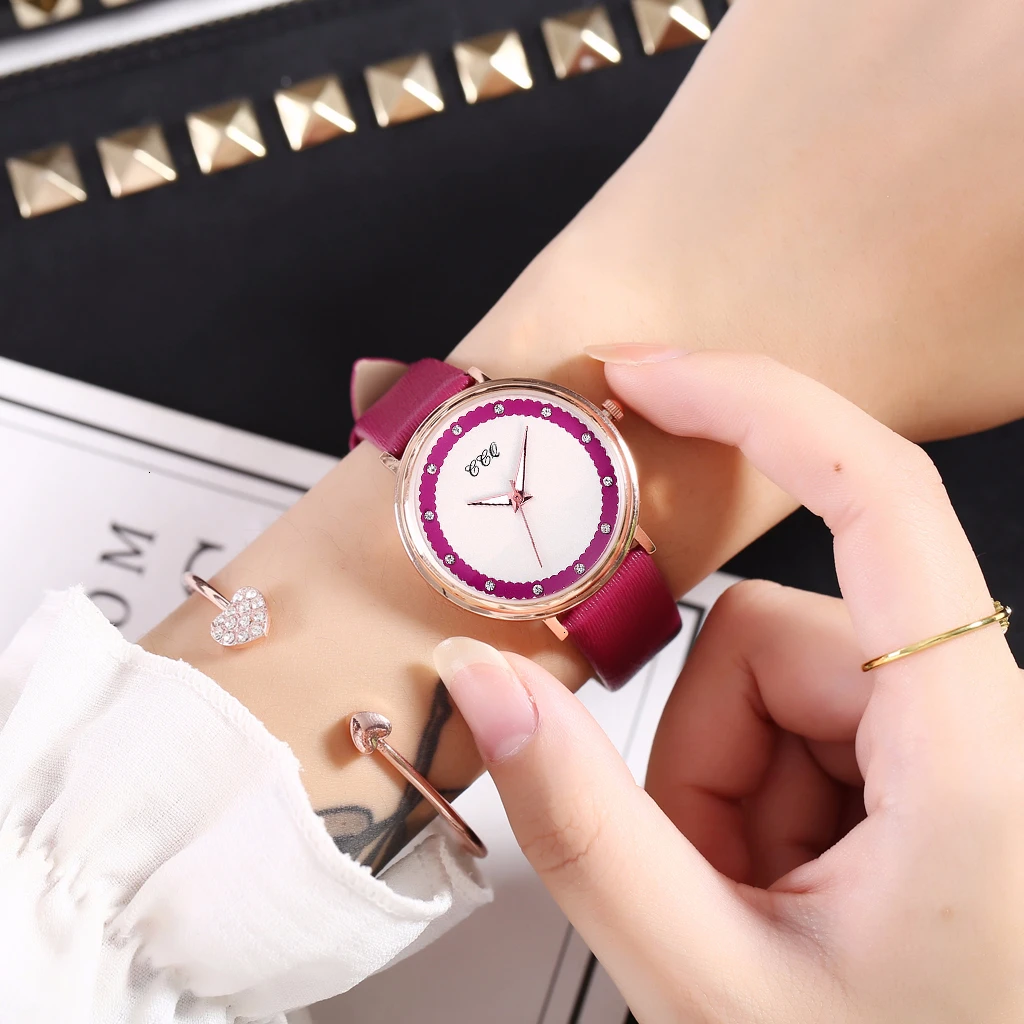 Часы женские кварцевые с кожаным ремешком роскошные цветным циферблатом CCQ |