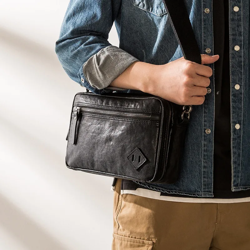 Simple casual natural genuine leather men black waterproof square messenger bag fashion high quality daily work shoulder bag