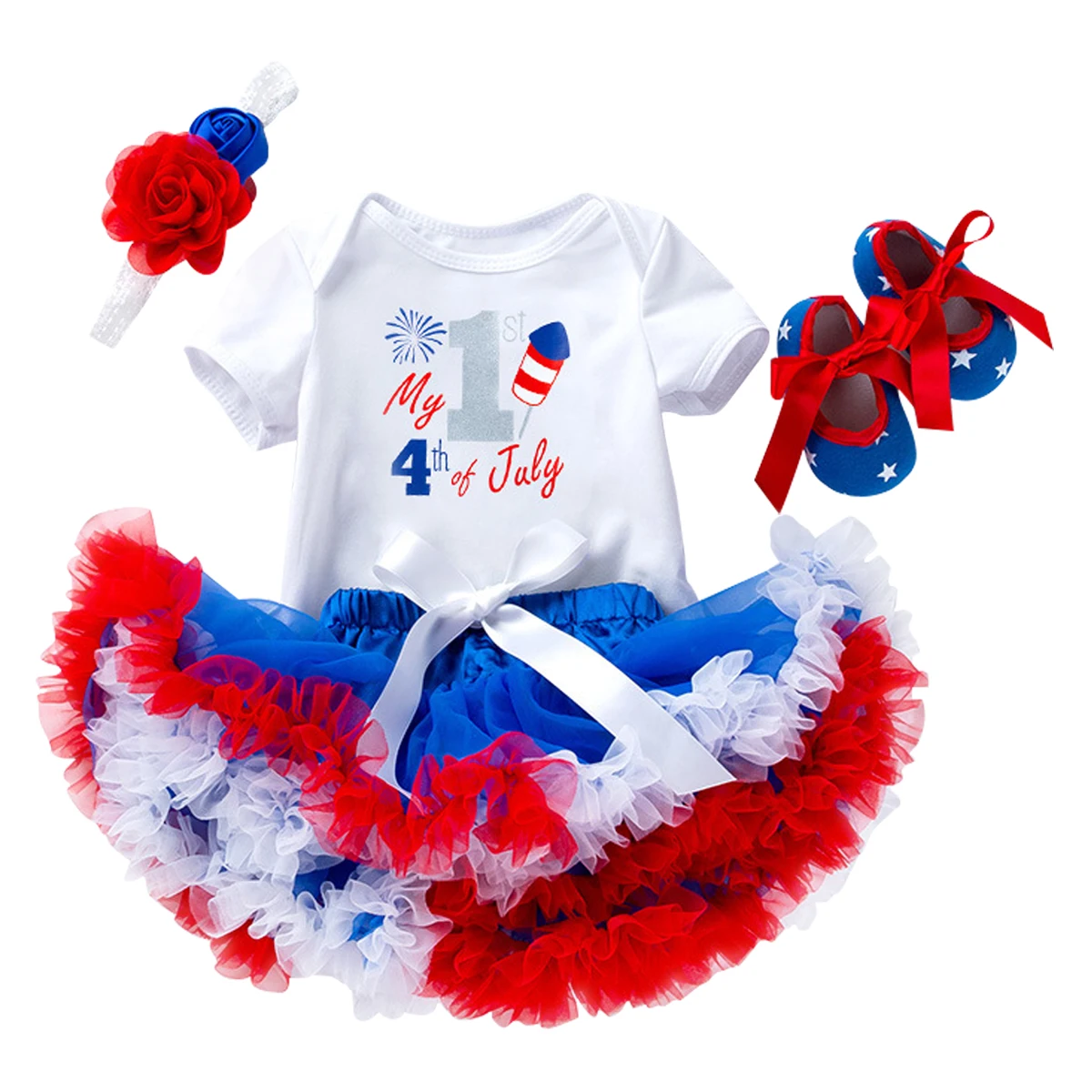 0-18M Baby Girls Clothes For American Independence Day Themed Party Short-sleeved Jumpsuit And Ballet Skirt Headband And Shoes