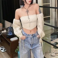 summer womens nightclub halter tube top short sleeve new womens sexy halter neck one shoulder top puff sleeves cropped t shirt