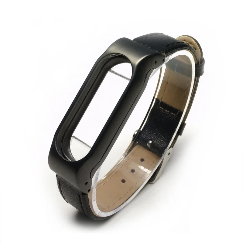 Кожаный ремешок с металлическим корпусом, золотой ремешок для Xiaomi Mi Band 2, умный Браслет, сменные носимые аксессуары, крышка, черный и красный цвета - Цвет: Черный