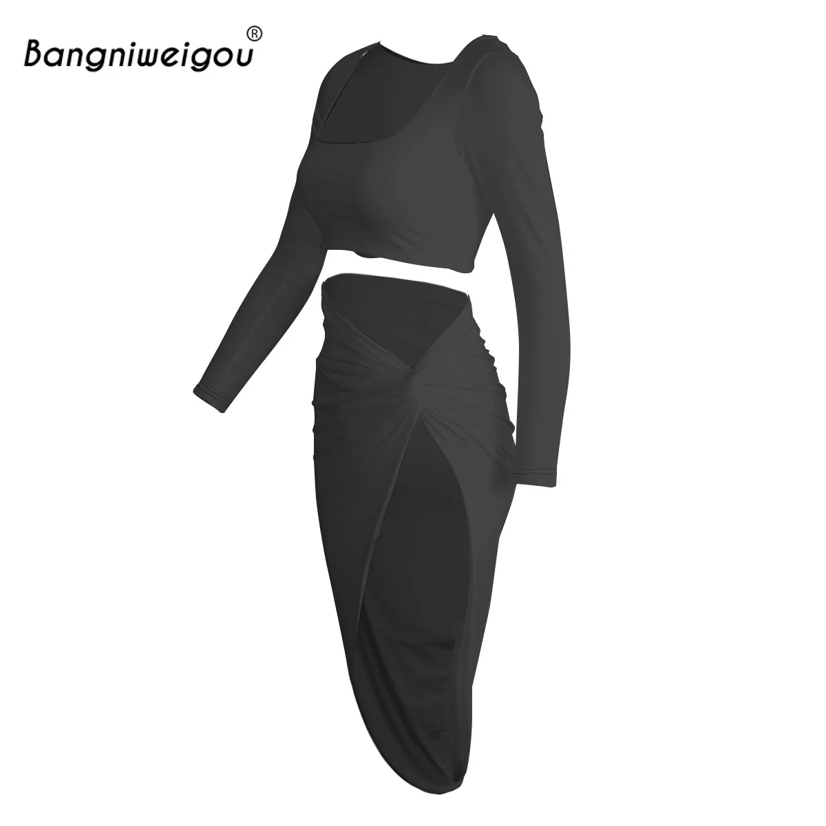 

Bangniweigou Fall Winter High Slit Skirt Two Piece Set Party Club Matching Sets Women Crop Top Twristed Dress Dancing Outfits