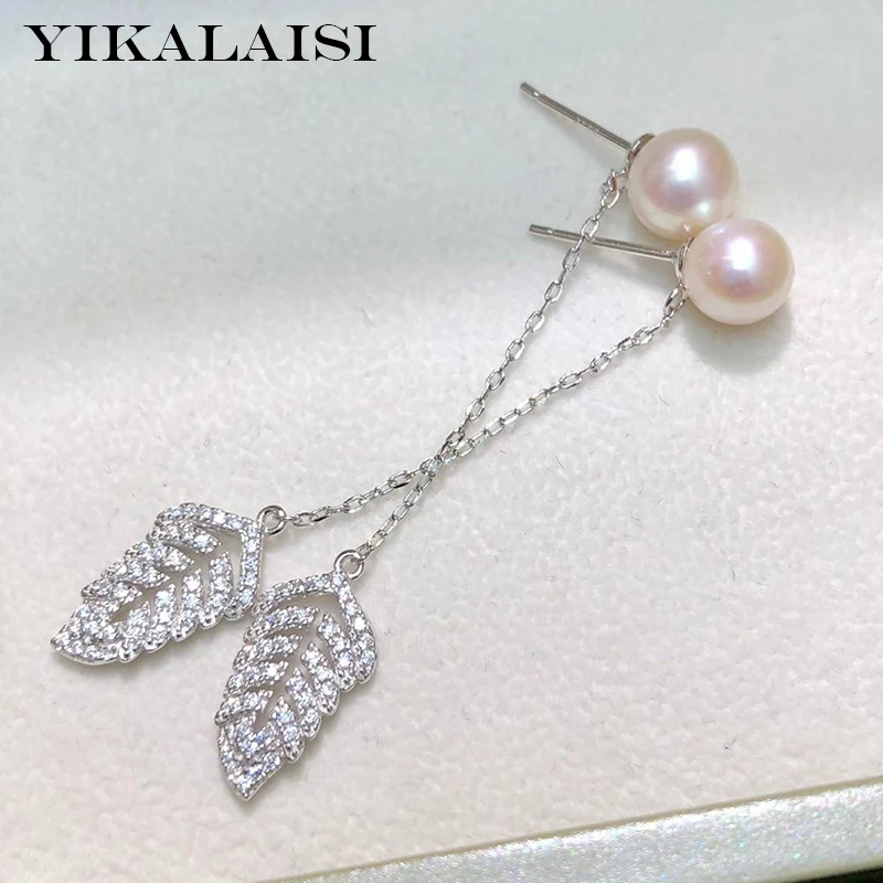 

YIKALAISI 925 Sterling Silver Earrings Jewelry For Women 7-8mm Round Natural Freshwater Pearl Earrings Leaves Style Wholesales