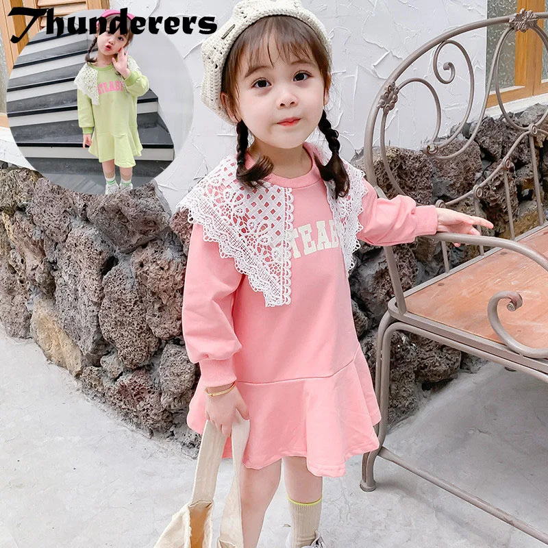 

Thunderers Spring Autumn Kids Dress With Lace Letter Printed Cotton Girl Dresses Toddler Baby Fashion Dress Summer Clothes