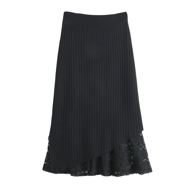

Winter New Lace Patchwork Knitting Skirts For Women High Wiast Solid Black Knee-Length Office Lady Elegant Buttomings