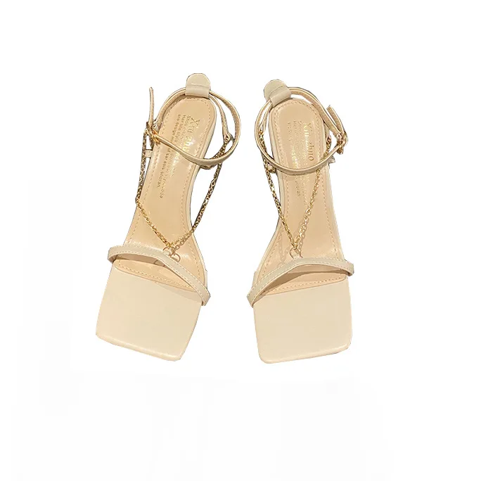 

Low Sandals Woman Leather Cross Female Shoe High Heels 2021 Summer Square Toe Low-heeled Girls Comfort Beige New High-heeled Fas