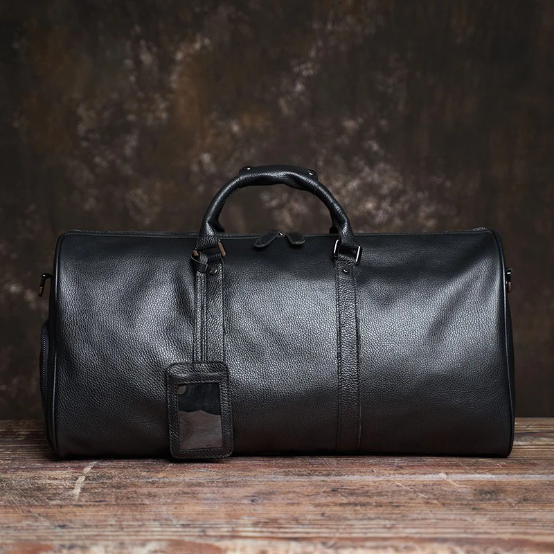 Men Genuine Leather Large Capacity Luxury Travel Bags Black Casual Genuine Leather Sports Vintage Handbags Shoulder Luggage Bag