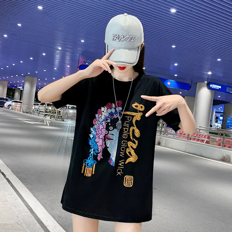 

Donsignet Fashion Women's T-shirt Summer Round Neck Pullover National Tide Diamond Short Sleeve Oversized T-shirt Crop Top