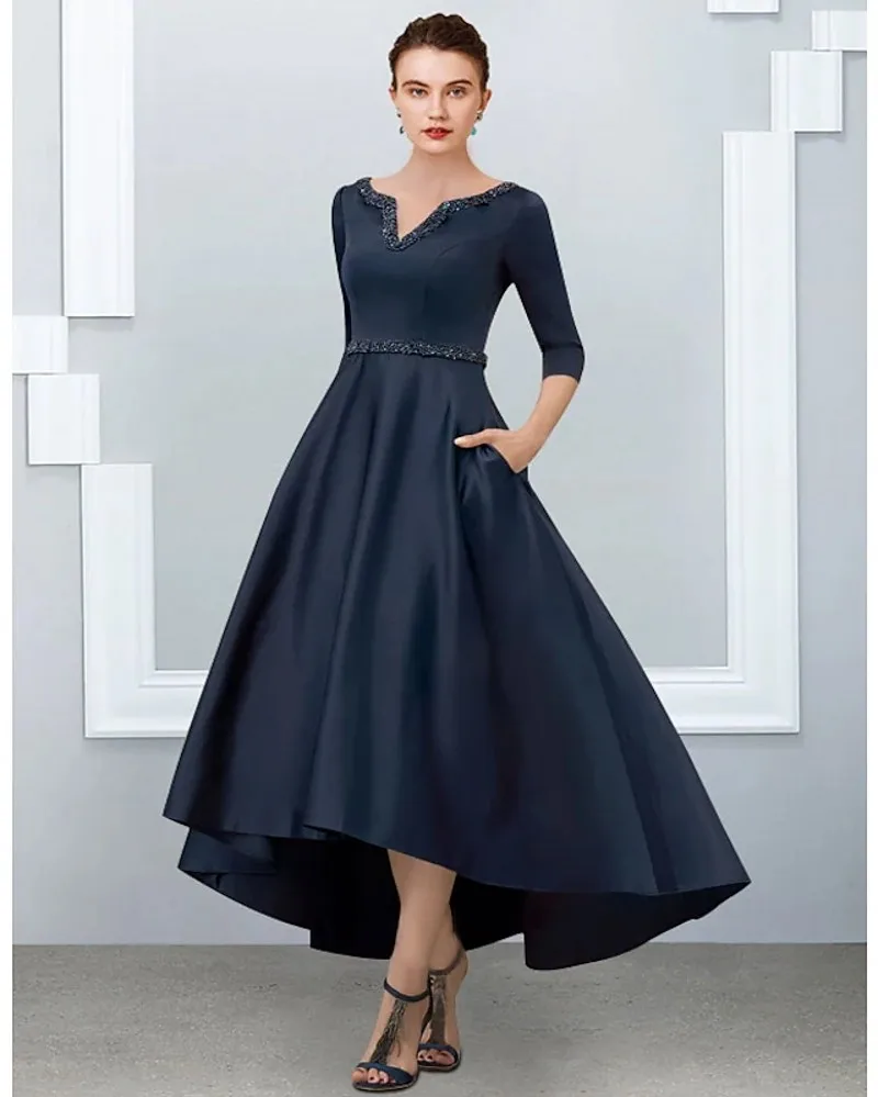 2022 Elegant Dark Navy High Low Evening Dresses V-neck Half Sleeves Beads Satin Prom Party Gown Robe De Soiree Vestidos Longo