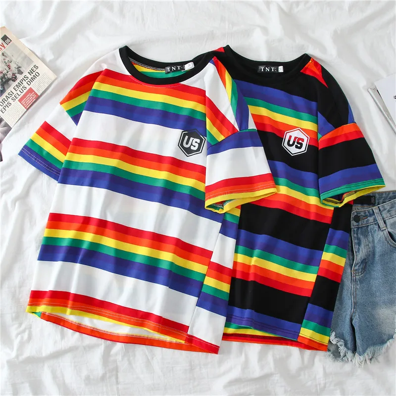 Уличная Футболка женская одежда свободного покроя в полоску цветов радуги Топ