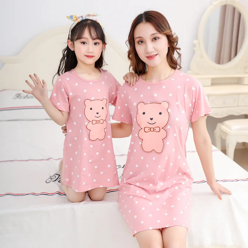 

Mother Daughter Dresses Summer Cotton Family Matching Outfit Cartoon Dressing Gown Matching Pajamas Short-sleeves Girl Sleepwear